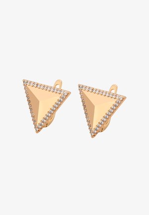 Boucles d'oreilles triangulaires en or avec une bordure de petites pierres précieuses transparentes, dotées de fermoirs à clip.