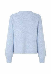 Maglione azzurro chiaro con texture a coste, colletto rotondo e maniche a palloncino. Il design è rilassato e accorciato in vita.