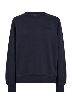 Marineblauwe sweatshirt gemaakt van zachte stof. Heeft lange raglanmouwen, ribgebreide boorden en een reliëflogo op de borst.