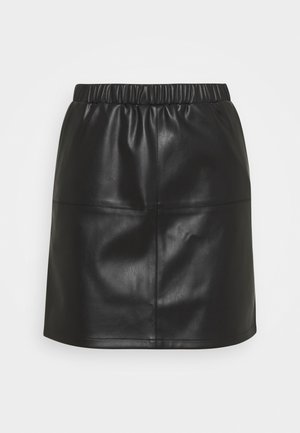 Black leather mini skirt with an elastic waistband, featuring a smooth texture and visible seam details. Simple and versatile design.