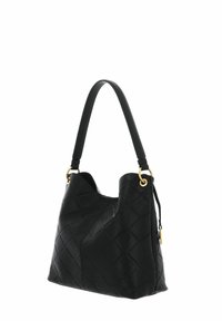 Schwarze Leder-Eimer-Tasche mit einer Diamantstruktur, ausgestattet mit einem einzelnen Schulterriemen und goldenen Hardware-Details.