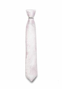 Light pink tie with a paisley pattern, made of textured fabric. Features a silver tie clip near the top, tapered to a point at the bottom.