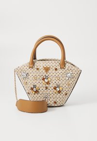 Woven handbag with tan leather handles, embellished with multicolored gemstones, featuring a structured, angular design. Chain strap included.
