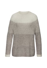 Strickpullover mit einem gerippten Texture, der von hellbeige oben bis taupe unten einen Farbverlauf zeigt und lange Ärmel hat.