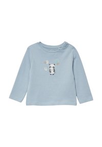 Lichtblauw shirt met lange mouwen en een pandaprent. Voorzien van een ronde hals, zijdezachte drukknoopjes en kleurrijke ballonnenaccenten in verschillende maten.