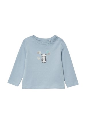 Lichtblauw shirt met lange mouwen en een pandaprent. Voorzien van een ronde hals, zijdezachte drukknoopjes en kleurrijke ballonnenaccenten in verschillende maten.