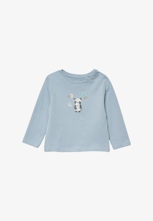 Hellblaues Langarmshirt mit einem Pandamotiv. Verfügt über einen runden Halsausschnitt, seitliche Druckknöpfe und bunte Ballonakzente in verschiedenen Größen.