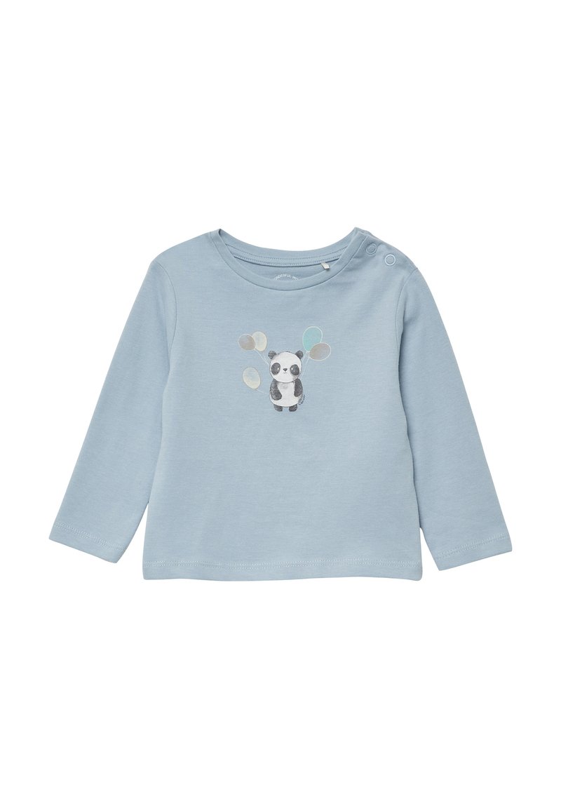 Lichtblauw shirt met lange mouwen en een pandaprent. Voorzien van een ronde hals, zijdezachte drukknoopjes en kleurrijke ballonnenaccenten in verschillende maten.