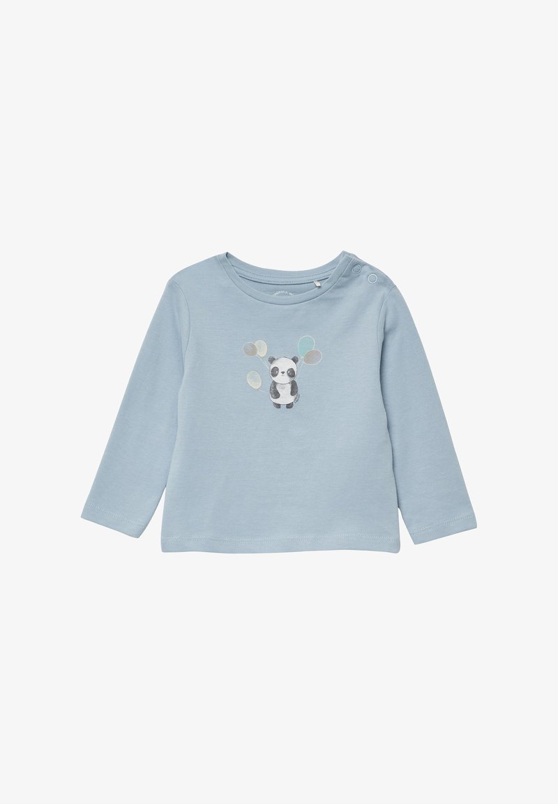 Hellblaues Langarmshirt mit einem Pandamotiv. Verfügt über einen runden Halsausschnitt, seitliche Druckknöpfe und bunte Ballonakzente in verschiedenen Größen.