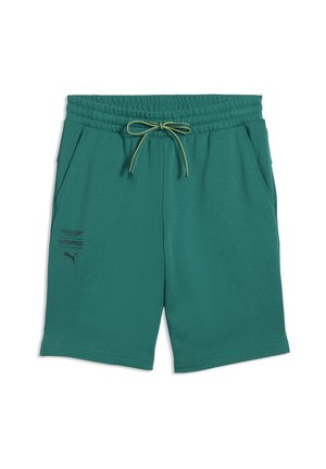 Grüne Shorts mit elastischem Bund, gelbem Kordelzug, Seitentaschen sowie schwarzen Logos des Aramco Formula One Teams und Puma am linken Bein.