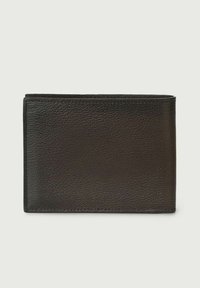 Portafoglio in pelle nera con una texture liscia, forma rettangolare e bordi puliti. Nessun hardware o motivo visibile. Design minimalista.