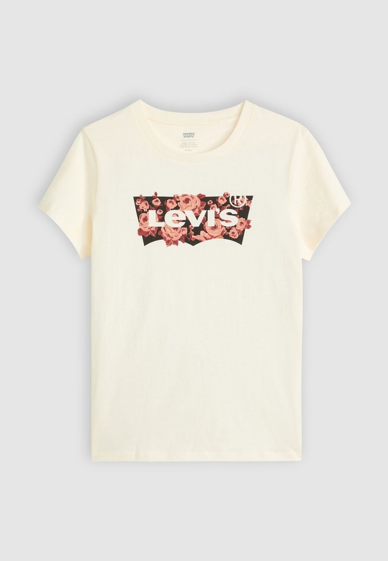 Cremefarbenes Baumwoll-T-Shirt mit einem floralen Levi's-Logo auf dunklem Hintergrund, kurzen Ärmeln und einem klassischen Rundhalsauschnitt.