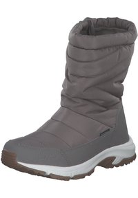 Grijze geïsoleerde laars met een gequiltte bovenkant, afgeronde neus en een witte tussenzool. Voorzien van een gebogen rubberen loopzool voor grip.