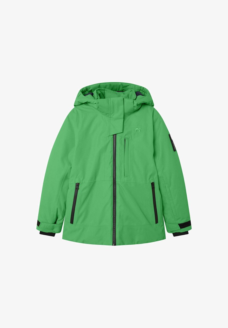 Grønn vanntett jakke med hette, svarte glidelåser og lommer, og en jevn tekstur. Har et aksentlogo på brystet.