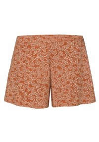 Šortky v rezavé barvě s bílým vzorem listů, vyrobené z lehké tkaniny. Mají jednoduchý design s elastickým pasem.