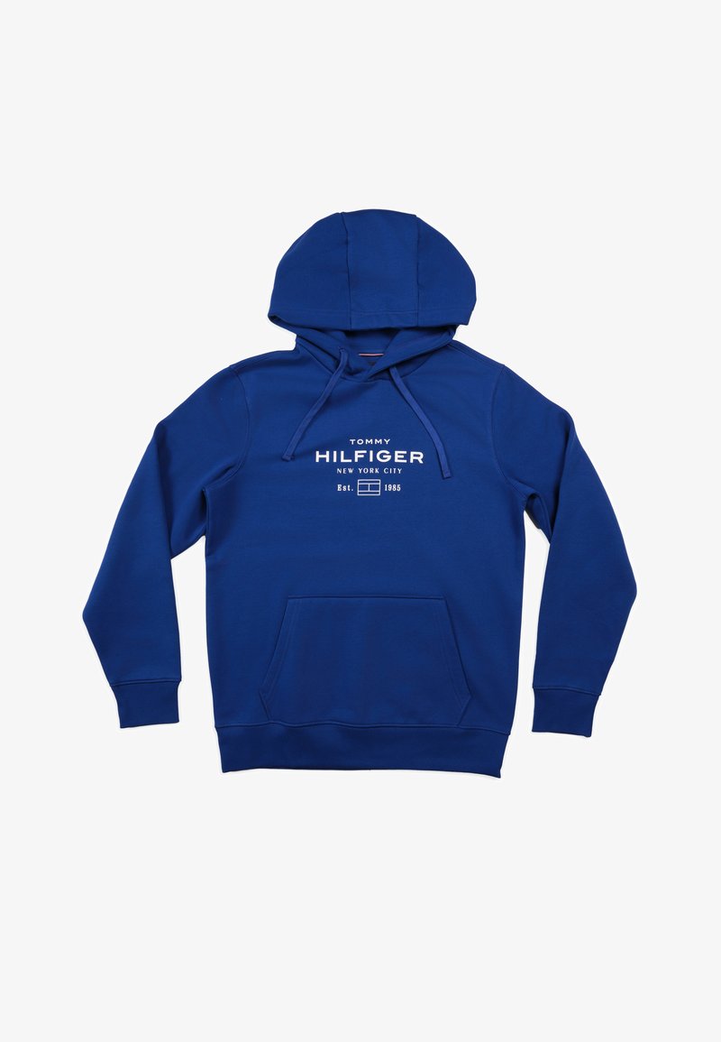 Felpa con cappuccio blu in misto cotone, con tasca frontale, cappuccio con coulisse e scritta con logo bianco sul petto.