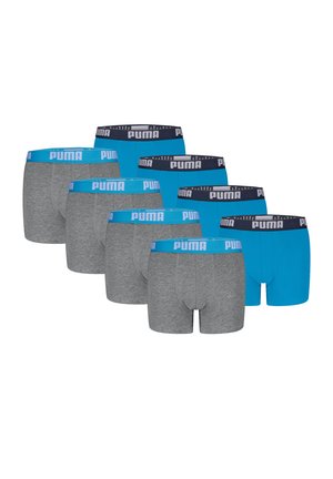 Sechs Paare Boxershorts: drei grau mit blauen Bündchen und drei blau mit marineblauen Bündchen. Alle tragen das Puma-Logo am Bündchen.
