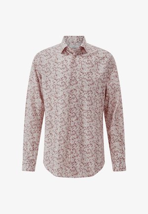 Long-sleeve shirt in light pink with a floral pattern. Soft cotton fabric, button-up front, and classic collar design.