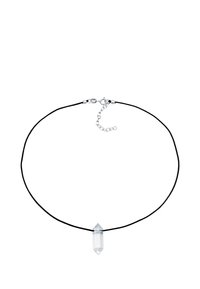 Clear crystal pendant on a black cord necklace with silver hardware and an adjustable chain. Minimalist design with a polished finish.