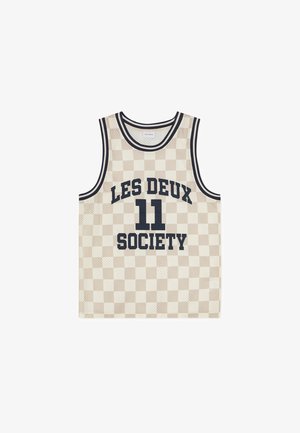 Débardeur de basketball à motif damier beige et crème, arborant un texte bleu marine « LES DEUX » et « 11 SOCIETY », avec un col côtelé.