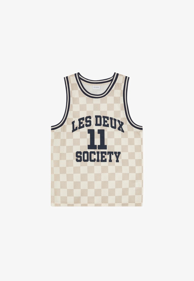 Αμάνικο μπλουζάκι μπάσκετ σε μπεζ και εκρού καρό μοτίβο, με μπλε σκουρόχρωμο κείμενο "LES DEUX" και "11 SOCIETY" και ριμπ λαιμόκοψη.