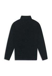 Černá polo košile s dlouhým rukávem a zvýšeným límcem. Vyrobena z hladkého materiálu a má jednoduchý, nezdobený design bez viditelných švů.