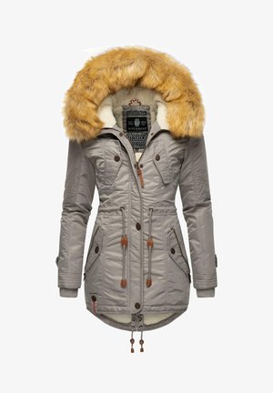 Gray parka jacket with faux fur hood in golden-brown. Features include snap buttons, drawstrings, quilted texture, and two front pockets.