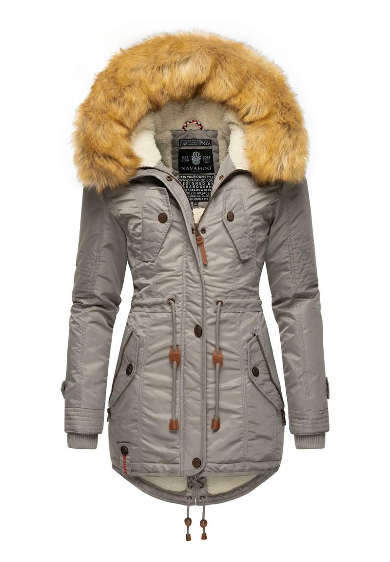 Gray parka jacket with faux fur hood in golden-brown. Features include snap buttons, drawstrings, quilted texture, and two front pockets.