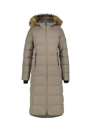 Lang, polstret frakke i lys khaki med hætte med pelskant, frontlynlås og sidelommer. Har ribbede manchetter for ekstra varme.