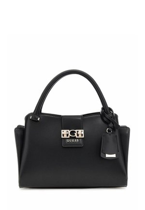 Borsa in pelle nera con design strutturato, manici arrotondati, hardware silver e un piccolo tag attaccato di lato.