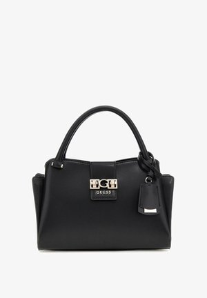 Borsa in pelle nera con design strutturato, manici arrotondati, hardware silver e un piccolo tag attaccato di lato.