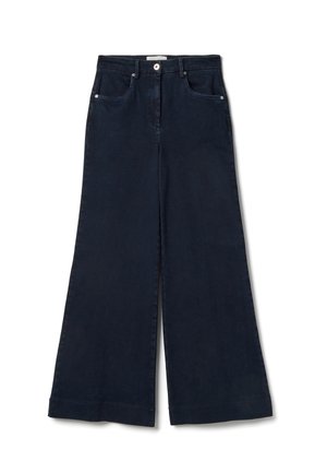 Pantalones de pana azul oscuro de pierna ancha con bolsillos delanteros, trabillas para cinturón y cierre de botón y cremallera.