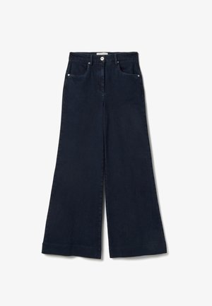 Donkerblauwe wijde corduroy broek met steekzakken aan de voorkant, lussen voor een riem en een sluiting met knoop en rits.