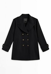 Czarny płaszcz typu peacoat wykonany z wełny, z podwójnym zapięciem, dużymi klapami i dwoma przednimi kieszeniami; złote guziki stanowią akcenty.