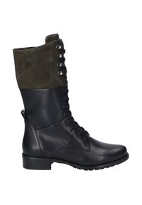 Stivali alti neri in pelle con lacci, con un upper in suede verde scuro, caratterizzati da occhielli argentati e una finitura testurizzata. Suola piatta e un pratico linguetta.