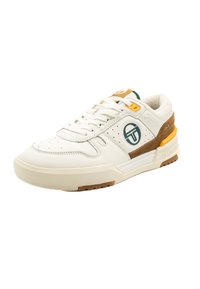 Baltas sporta apavu modelis ar strukturētu ādu un brūniem zamša akcentiem. Iekļauj apaļu logo uz sāniem, oranžus elementus un biezu gumijas zoli.