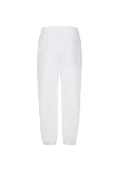 Pantaloni della tuta bianchi con vita elasticizzata, una singola tasca posteriore e alette aderenti alle caviglie. Tessuto dalla texture liscia.