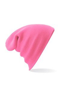 Pink beanie hat made of ribbed knit material. It features a slouchy design with a rounded top and soft texture.