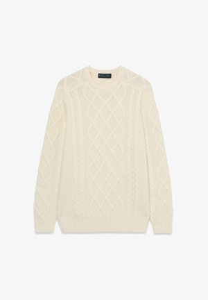 White cable-knit sweater with a round neckline, textured pattern, and ribbed cuffs and hem, made from a soft yarn material.