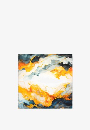 Abstracte kunst met vloeiende vormen in tinten blauw, oranje en geel. Heeft een gladde textuur en dynamische, draaiende patronen.