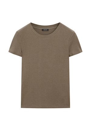 Plain olive green short-sleeve crew neck cotton t-shirt with visible stitching and brand label inside the collar.
