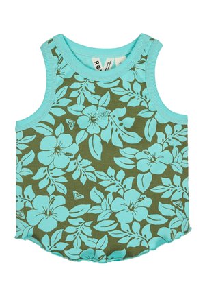 Camiseta sin mangas de canalé con estampado floral azul sobre fondo oliva y ribete azul alrededor del cuello y las sisas.