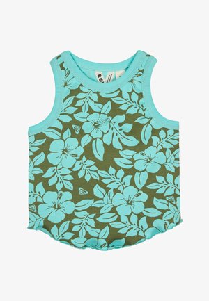 Débardeur sans manches en côtes avec imprimé floral bleu sur fond olive et bordure bleue autour du col et des emmanchures.