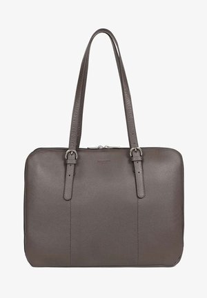 Grijs leren totebag met twee lange banden, een ritsluiting en een subtiele textuur. Heeft een rechthoekige vorm en minimale details.