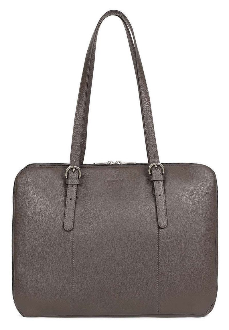 Grijs leren totebag met twee lange banden, een ritsluiting en een subtiele textuur. Heeft een rechthoekige vorm en minimale details.