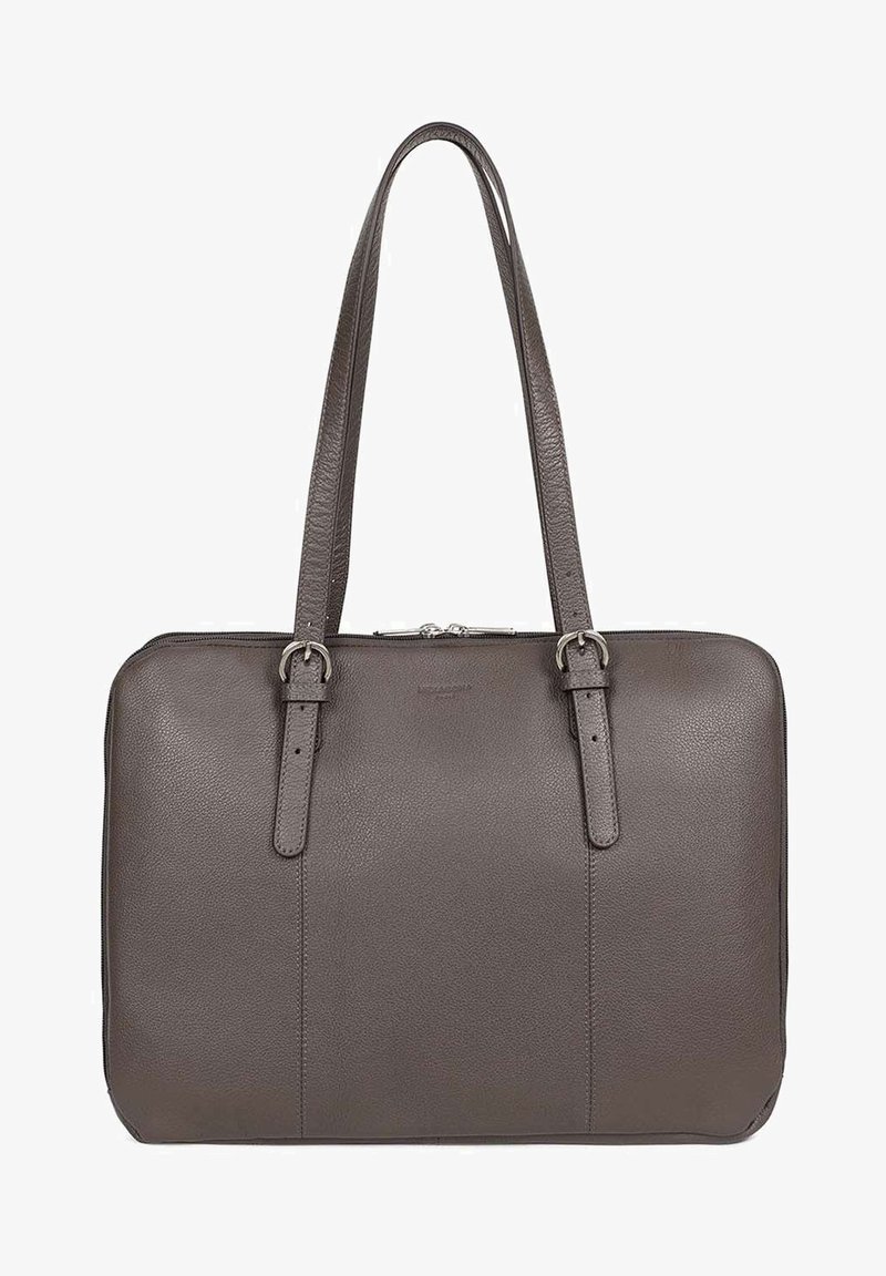 Szara skórzana torba typu tote z dwoma długimi paskami, zamknięciem na zamek i subtelną teksturą. Charakteryzuje się prostokątnym kształtem i minimalistycznym wykończeniem.