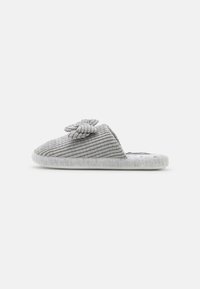 Gray corduroy slipper with a textured upper, featuring a knotted bow detail on the side and a soft, cushioned sole.