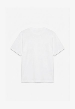 Plain white short-sleeve crew neck t-shirt laid flat on a white background.