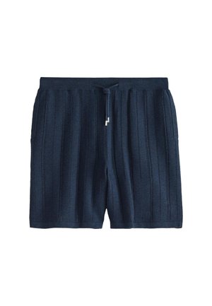 Pantaloncini in maglia blu scuro con motivo verticale a coste, vita elasticizzata e coulisse con punte metalliche.