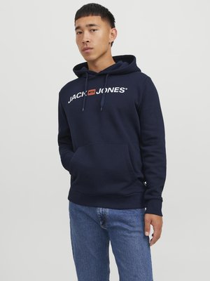 Felpa con cappuccio blu navy, dotata di tasca frontale e testo del logo bianco. Presenta lacci e polsini a coste; realizzata in morbido tessuto misto cotone.